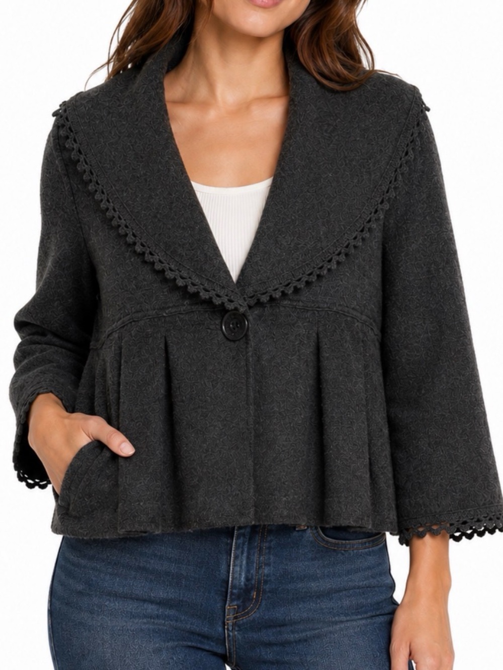 VTG Intuitions Wool Gray Pea Coat Cape with Scalloped Trim